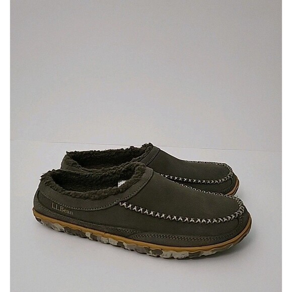 LL BEAN Mountain Slipper Scuffs Mens 7 Ash Gray Suede Leather Fleece Lined Comfy - Picture 1 of 9